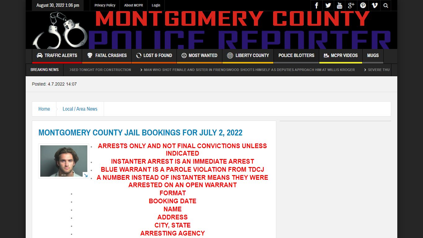 MONTGOMERY COUNTY JAIL BOOKINGS FOR JULY 2, 2022