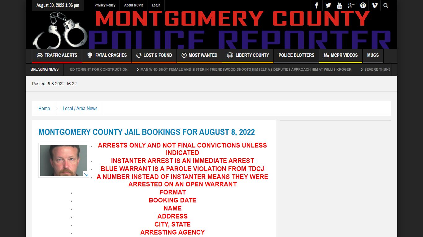 MONTGOMERY COUNTY JAIL BOOKINGS FOR AUGUST 8, 2022