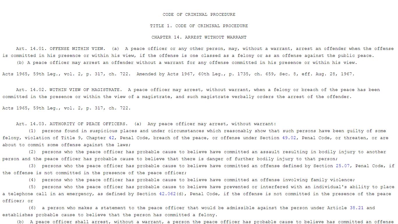 CODE OF CRIMINAL PROCEDURE CHAPTER 14. ARREST WITHOUT WARRANT - Texas